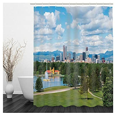 Whoiy Badevorhang 180X200, Duschrollo Um Die Ecke Polyester Duschvorhang Parklandschaft Blau Grün für Outdoor Hotel