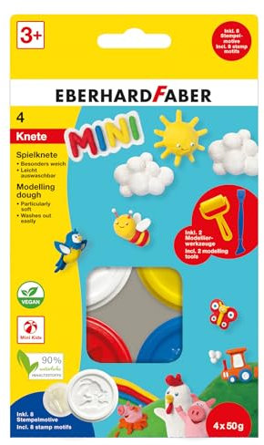 Eberhard Faber 572514 - Spielknete mini, 4 x 50 g Modelliermasse in Weiß, Gelb, Rot und Blau, inkl. Modellierwerkzeugen und Stempelmotiven, besonders weich und leicht auswaschbar