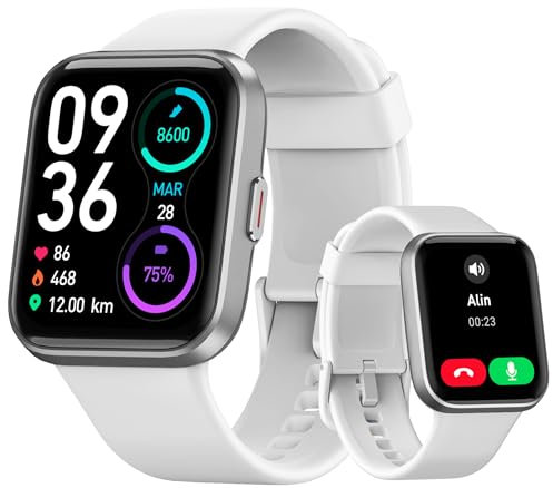 Tensky Smartwatch Damen Herren mit Telefonfunktion 1,8'' Alexa Integriert Fitnessuhr 100 Sportmodi, Pulsmesser, SpO2 Stress Schlafmonitor, IP68 Wasserdicht Schrittzähler für Android iOS Weiß
