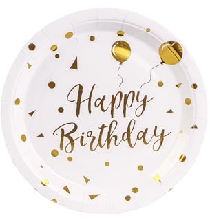EVYIENEN 50PCS Happy Birthday Party Paper Plates,7inch Disposable White and Gold Plates Set,Party Tableware Party Supplies for Birthday Decorations (White and Gold, 7inch)