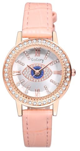 Silverora Uhren Damen Leder Damenuhren: Retro Boho Böser Blick Analoge Quarz Armbanduhr Glänzende Zirkon Strass Uhr mit Punkt Balkenskala Geschenke für Frauen Rosa