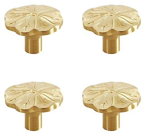 Monsully 4 Pcs Gold Cabinet Knobs, Lotus Leaf Shape Cabinet Handles, Cabinet Knobs with Screws, Brass Cabinet Door Knob for Bedroom, Bathroom, Cupboard Handle, Furniture Handles, Kitchen Door