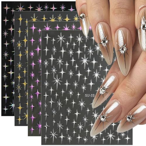 8 Blatt Star Nail Sticker für Nail Art 3D Laser Stern Nagelaufkleber Starlight Nagelsticker Lila Silber Gold Sterne Nailart Aufkleber Nägel Nageldesign Zubehör Nagelfolie Selbstklebend Nagel Sticker