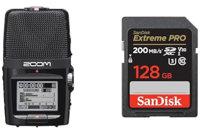 Zoom H2n Stereo/Surround-Sound Portable Recorder, 5 Built-In Microphones, X/Y, Mid-Side & SanDisk 128GB Extreme PRO SDXC card + RescuePRO Deluxe, up to 200MB/s, UHS-I, Class 10, U3, V30