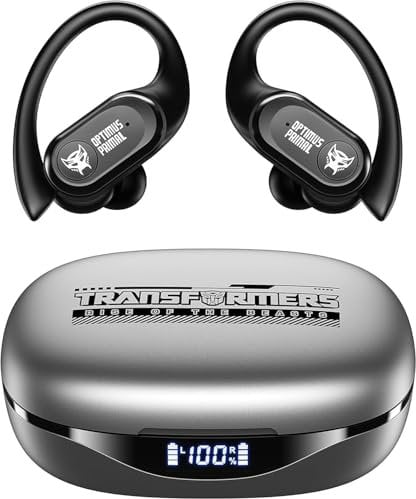 TRANSFORMERS Wireless Earbuds Bluetooth 5.4 Headphones 65Hrs Playback Sport Wireless Earphones with Earhooks, HiFi Stereo Deep Bass with ENC Mic, Dual LED Display, Ear Bud for Running/Workout Grey