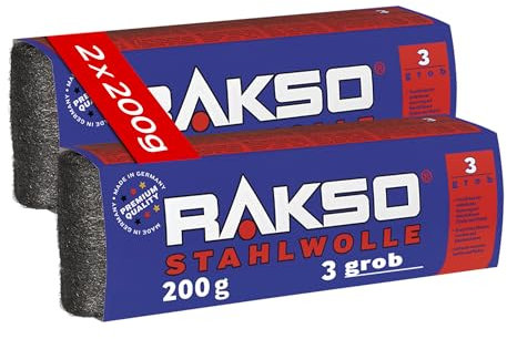 RAKSO Stahlwolle grob 3-400 g, 2 Banderolen à 200g, verstärkt natürliche Maserung v. Holz, äubert Glas, aufrauen von altem Lack, Farbe