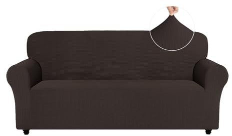 Easy-Going Stretch Sofa Überzug 4 Sitzer, Rutschfester Sofabezug für Hund Katze, Stilvoller Jacquard Couch Überzug Bezug, Weicher Küchensofa Couch Cover, 1 Stück Sofaschoner mit Armlehnen, Schokolade