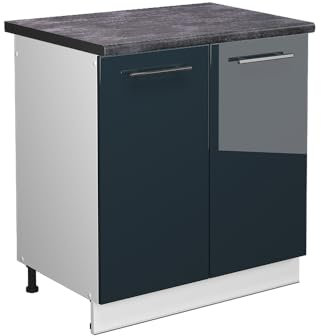 Vicco Spülenunterschrank Fame-Line, Dunkelblau Hochglanz/Weiß, 80 cm, AP Anthrazit