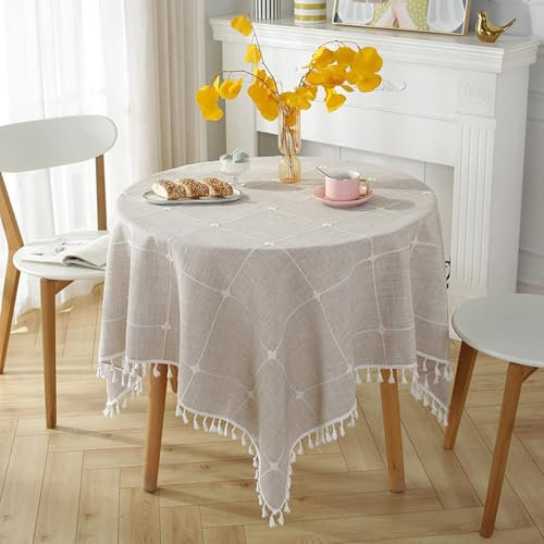 Homxi Tischdecke Waschbar Rund 120CM,Tischtücher für Draussen Braun Plaid mit Quasten Polyester Tischdecke Modern