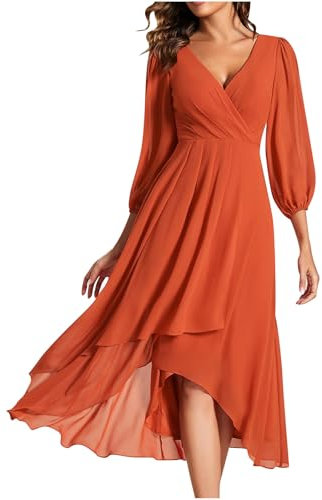 Keepink Ladies Dresses Size 8/18 UK Chiffon Wedding Guest Dress V Neck Wrap High Waist Elegant Long Sleeve Formal Long Evening Party Mother of The Bride Outfits