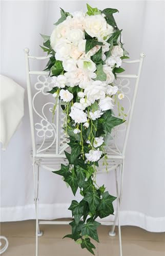 Hochzeit Bouquet ，Bridal Bouquet, Eleganter 10,2 Zoll künstlicher weißer Rosen-Brautstrauß, Hochzeitsblumen, atemberaubender Wasserfall-Blumenstrauß for Hochzeitszeremonie und Jahrestag