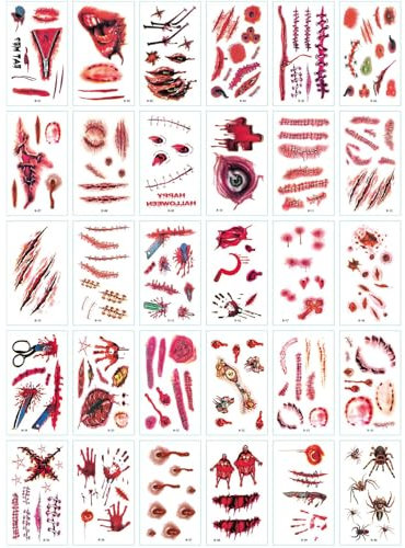 AWAVM 30 Sheets Scar Tattoo Stickers with Fake Scab Blood, Zombie & Halloween Tattoo Stickers