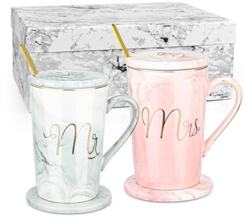 Mr und Mrs Tassen Partnertassen, Kaffeetassen Set Keramik Mommy und Daddy Paar Tassen Brautpaar Hochzeit Verlobung Kaffeebecher Tasse Kaffeebecher Becherset Geschenkset mit Deckel Löffel Geschenkbox