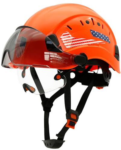 Perldverge OSHA Approved Construction Hard Hat with Dual Visor - Orange Hard Hats with Clear Visor Sun Glasses, Chainsaw/Arborist Safety Helmet With Chin Straps 6pt Suspension For Men Women Industrial