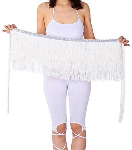 Lametta-Glitzer-Rock für Damen, 2024 Looks Verschlüsselung, Quaste, Taillentuch, Hüfttuch, Latein-Tanz-Bindung, Quastenrock, Handtuch, Leopardenrock, weiß, Einheitsgröße