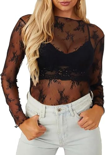 HAWILAND Mesh Tops for Women Long Sleeve Sexy Lace Shirt Elegant See Through Sheer Blouses for Going Out Party Clubbing-Black-X-Large