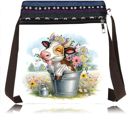 CXINLky 5D DIY Diamond Art Painting Crossbody Tasche, Diamont Art Messenger Tasche, Umhängetasche Münzgeldbörse Make-Up Schultertasche Reißverschluss Handtasche für Damen-03-Kuh