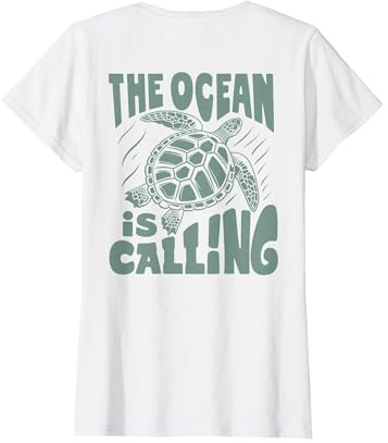 The Ocean is Calling X Nature Beach Turtle Schildkröte. Back T-Shirt, Damen, Weiß, M