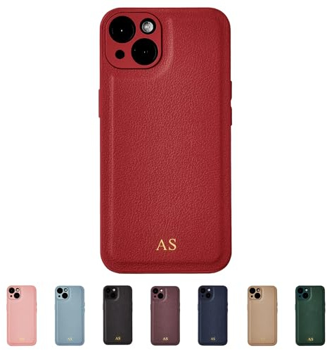 Tirita Personalised Leather Phone Case for iPhone 14 Pro Max – Leather Red Case or Cover With Custom Initials – Cute Personalised Gift for Men or Women [07. Red Gold Embossed Initials]
