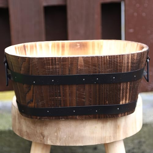 Fyne-Finds Oval Wooden Whiskey Barrel Container Planter 30cm, 12inch Home Garden Pot with Metal Handles Band Outdoor Weatherproof DrainageHoles (1)