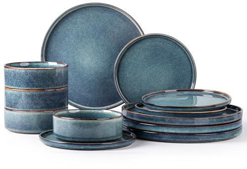 GBHOME Dinner Set for 6, Handmade 18 Piece Stoneware Plates and Bowls Set, Reactive Glaze Chip and Scratch Resistant Dinnerware Set, Dishwasher & Microwave Safe