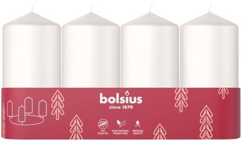 Bolsius - Set di 4 candele a colonna lisce bianche - 100 x 48 mm - Candele decorative - A lunga durata - Non profumate - Con cera vegetale naturale - Senza olio di palma