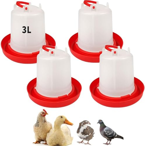 4 Stück 3L Schwerkraftfutter Hühnertränke - Hängende Geflügeltränke Kit | Kein Verschütten Wasserspender für Hühner, Enten, Wachteln, Tauben, Brutstall