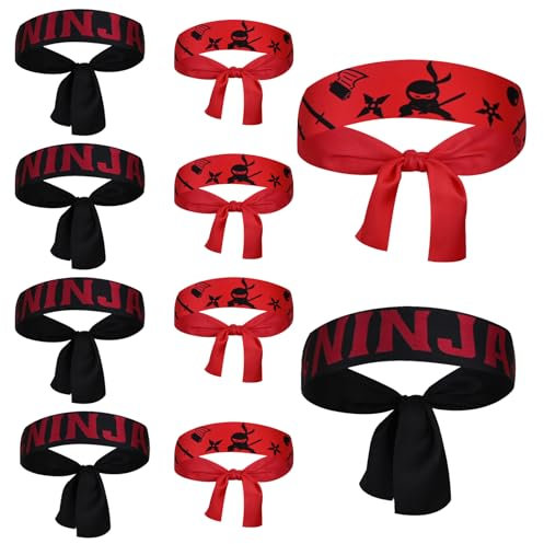 Tina.Win 10x Ninjas Stirnband Kinder Set Ninjago Geburtstagsdeko 6 Jahre Ninja Kindergeburtstag FüR Ninjago Geburtstagsdeko Kindergeburtstag Party Deko Geburtstagsparty Karate ZubehöR Schwarz Rot