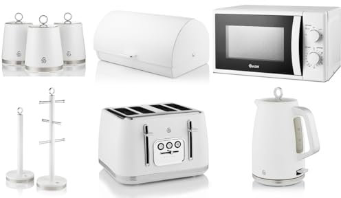 Swan Serenity White 1.7L 3KW Kettle, 4 Slice Toaster, Bread Bin, Canisters, Mug Tree, Towel Pole and 700W 20L Microwave SM4420WHT. Contemporary Design Matching Kitchen Set of 9 in Matt White Finish