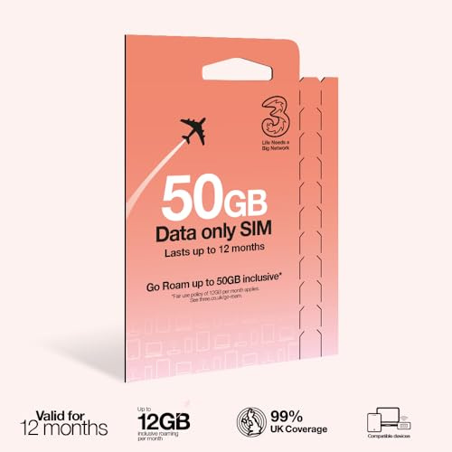 Three PAYG Mobile Broadband SIM, Pre-loaded with 50GB of Data that Lasts up to 12 Months