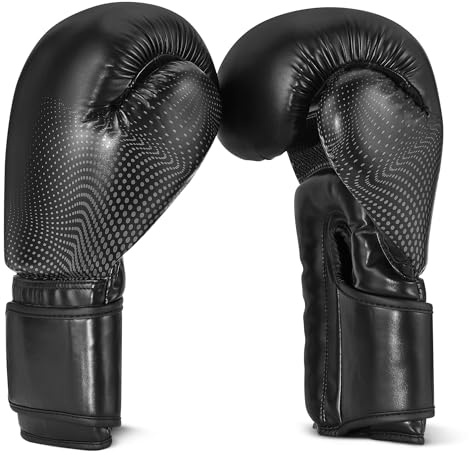 Amazon Basics Guantes de Boxeo de Cuero Sintético para Hombres y Mujeres - Guantes de Entrenamiento para Sparring, MMA, Muay Thai - Diseño Ergonómico y Transpirable con Soporte de Muñeca - Negro