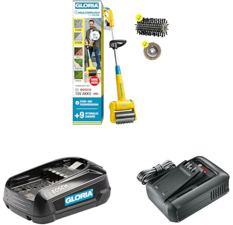 GLORIA MultiBrush li-on – Akku-Komplett-Set mit 18V BOSCH Akku (2.5 Ah) & Schnellladegerät | Terrassenreiniger & Fugenbürste für Stein, Holz, Fugen & Rasenkanten | inkl. 2 Aufsätze
