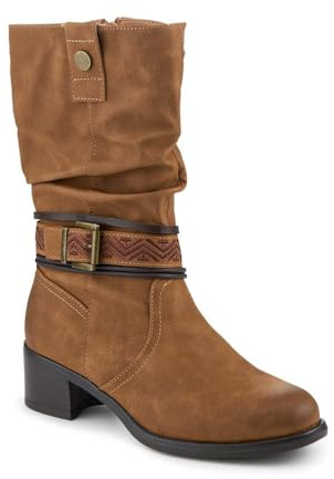 Pavers Stacked Heel Slouch Design Biker Boots - Tan Size 3