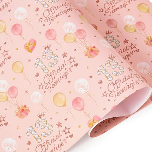WERNNSAI Geburtstags Geschenkpapier – 6 Blatt Rosa Luftballon Geschenkpapier Mädchen Kinder 13. Geburtstag Geschenk Verpacken Süßer Geburtstagsparty Dekoration 70cm X 50cm