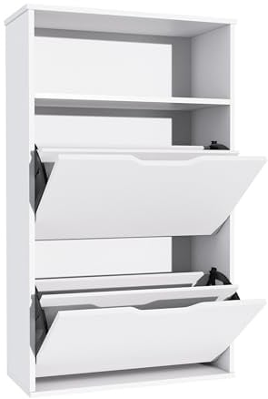 Garvishk Garvis Doppellagig Schuhschrank 2 Klappen + Ablage – Hohe Kapazität (12 Paar) – Schmal 60x102x28 cm – MDF Weiß Rustic (Weiß Doppellagig)