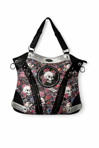 ED HARDY Handtasche aus Kunstleder, Totenkopf und Strasssteine, Schwarz / silberfarben