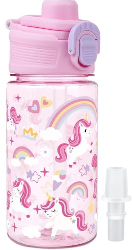 Botellas de Agua para Niños Con paja 380ml Sin Fugas, Unicornio Rosa | Boquilla para Morder, Sin Fugas, Cierre Seguro, Manico per il Trasporto, Plástico, Lavavajillas, Sin BPA para Niños y Niñas