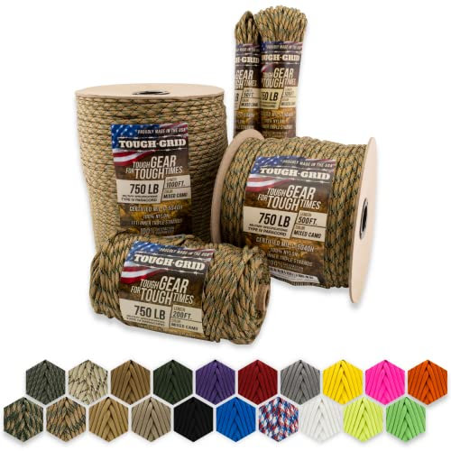 TOUGH-GRID PC50 340kg Paracord - 100% Nylon Militärspezifikationen Typ IV - für Militär, Kunsthandwerk, Hängematten, Notfälle - gemischte Tarnfarbe