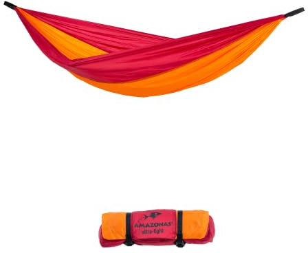AMAZONAS Ultra-Light Hängematte Adventure Hammock Fire - Die leichteste Kingsize Hängematte der Welt 180g 275 x 140 cm Packmaß 18 x 6 cm bis 150 kg