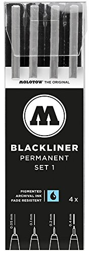 Molotow Blackliner Set 1 (Strichstärke 0,05 mm bis 0,4 mm, Fineliner mit permanenter, dokumentenechter Tinte) 4 Stück schwarz