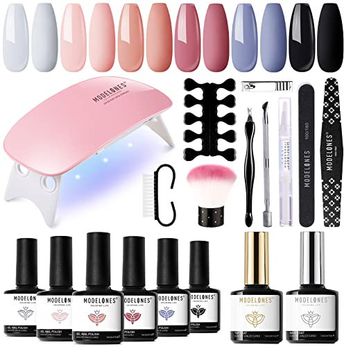 Modelones Gel Nail Kit Starter with Portable U V/LED Nail Lamp, 6 Colors White Pink Soak Off Gel Nail Polish Set, Mirror Top& Base Coat, Essential Manicure Tools, Nail Art Starter Kit for Beginner DIY