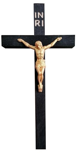 Kaltner Präsente Geschenkidee - Echtholz Wandkreuz Holz Kreuz aus Buche Schwarz/Kruzifix mit Jesus Figur Gold für die Wand (Höhe 25 cm)