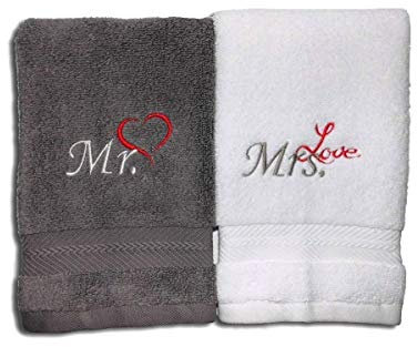 Bestickte Gästehandtücher Mr. & Mrs. Love personalisiert mit Monogramm Frotteetuch 2er Set Geschenk für Verliebte Hochzeit Valentinstag - Hochwertige Quailität
