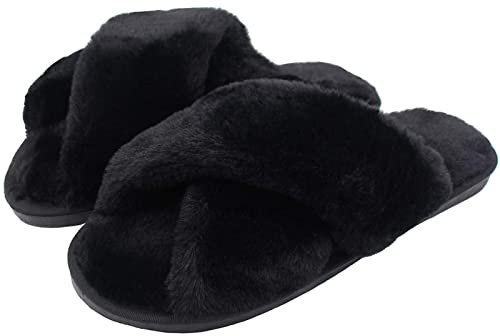 AONEGOLD Ciabatte da Casa Donna Invernali Warmer Peluche Pantofole Croce Morbido Open Toe Pantofole di Pelliccia Antiscivolo Scarpe(Nero,Taglia 42-43)