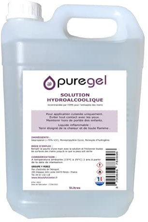 BeautyfulCenter | Puregel | Solution Hydro-Alcoolique Main Bidon de 5 Litres, Lotion désinfectante main - Fabrication Française
