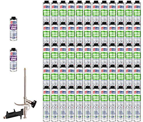 KM Trade Bauschaum-Set - Inkl. 60x 1K Montageschaum (je 750 ml), 1x Schaum-Pistole & 2x PU-Schaum-Reiniger (500 ml)