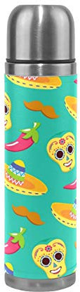 Linomo Thermosflasche Mexikaner Zucker Schädel Chili Edelstahl Wasserflasche,Isoliert Auslaufsicher, Doppelwandig Vakuumflasche für Sport Reise Camping Büro 500 ml