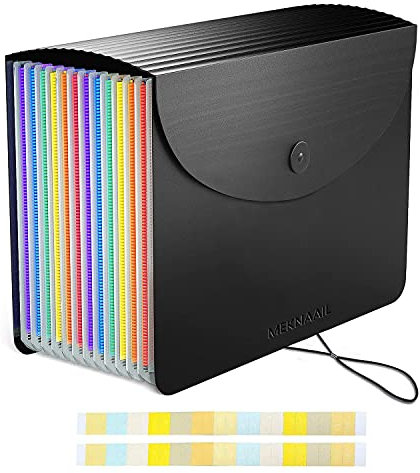 Meknaail File Organiser 13 Pockets A4 Size Expanding Accordion Filing Boxes with Lid and Colour Labels Folders for Paperwork and File Storage