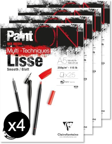 Clairefontaine 975728C - Packung mit 4 Blöcken Paint´ON Lisse/Glatt, DIN A5, kopfseitig geleimt, 25 Blatt, 250g, weiß, 4 Stück