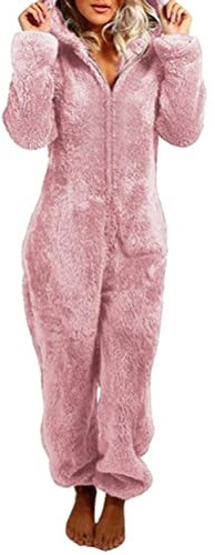Onsoyours Combinaison Pyjama Polaire Femme à Capuche Automne Hiver Chaud Grandes Tailles Onesies Vêtements d'Intérieur Une Pièce A Rose M